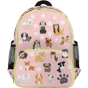Dog Backpack for School Girls Kids,Puppy Pink Toddler Backpack Waterproof Casual Daypack Preschool Kindergarten Bookbag with Chest Strap for Back to School 14.2 In