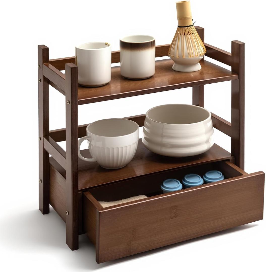 Chunful 2 Tier Matcha Station Bamboo Organizer with Hidden Drawer, Wood Home Coffee Station Organizer for Kitchen Countertops, Coffee Bars, Kitchen & Office Storage(13" L x 6.5" W x 12.6" H)(Brown)
