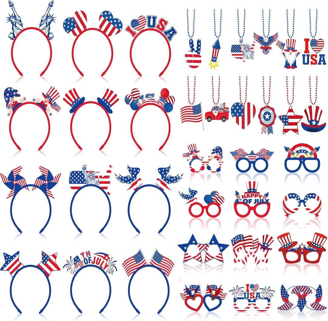 36 Pcs 4th of July Accessories Patriotic Red White Blue Party Favors Felt Headband Eyeglasses Beaded Necklaces Independence Day Costume Accessories for Memorial Day Parades Party Decoration