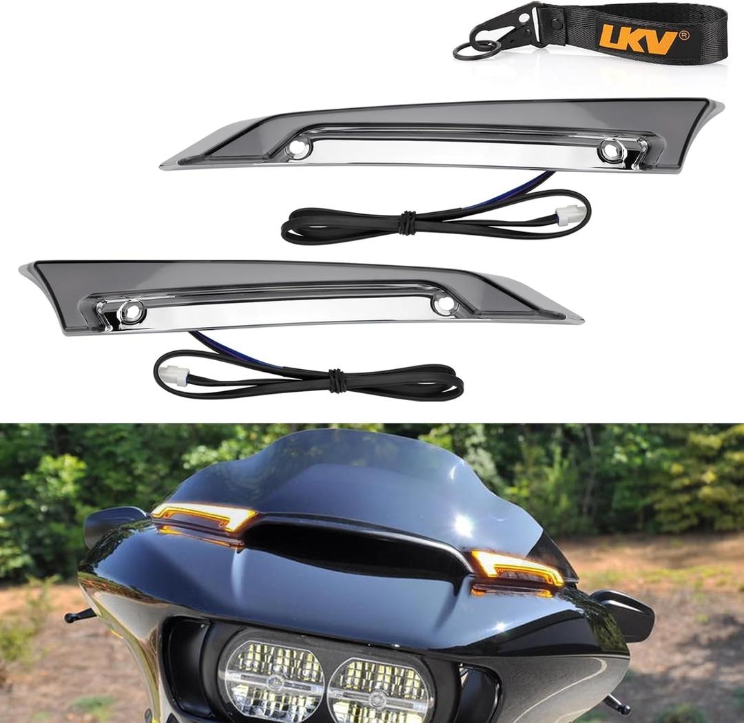 LKV Motorcycle Windshield Trim Lights Windscreen Fairing Led Running Lamps Turn Signals Fit for Harley Road Glide FLTRX 2015-2024 (Chrome Edge Smoke Lens)