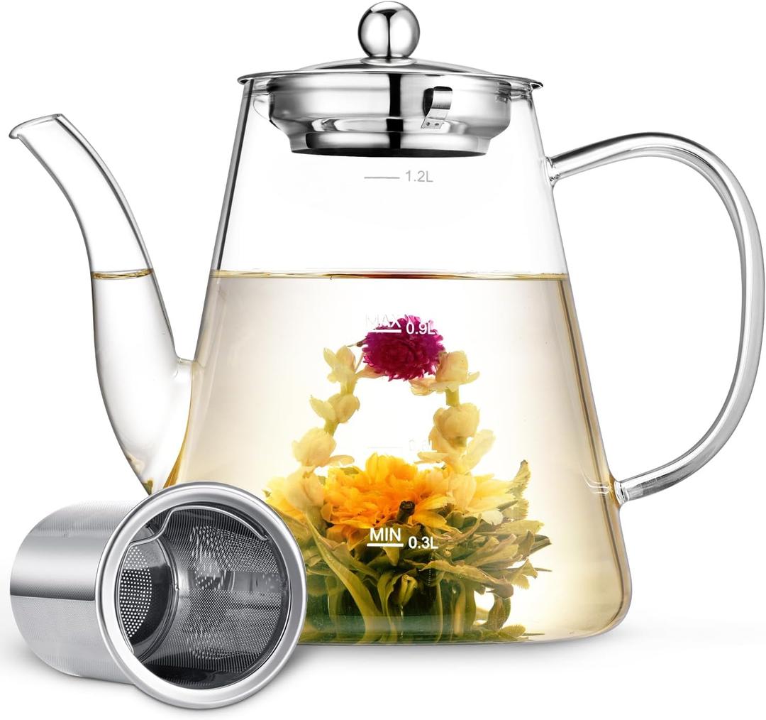 Glass Teapot, 1200ml (40oz) Tea Pot with Infuser for Loose Tea and Blooming Tea, Stovetop Safe Tea Kettle, Hand Crafted Borosilicate Glass Tea Maker with Scale Line, Tea Gift Set for Tea Lovers
