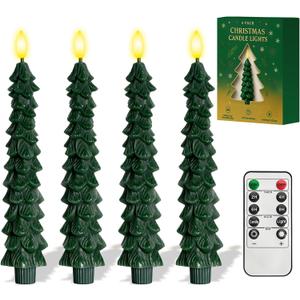 4 Pcs Christmas Tree-Shaped Flameless Taper Candles with Remote and Timer, 9.8'' Real Wax LED Window Candlesticks, 3D Flame Wick Battery Operated Christmas Tree Candles for Holiday Decoration (Green)