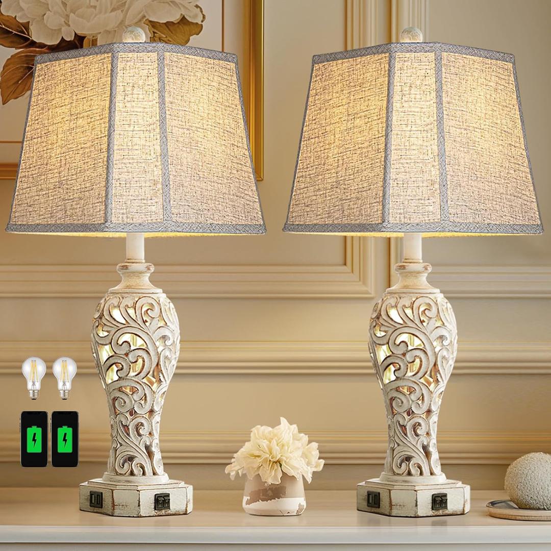 Set of 2 Rustic Table Lamps for Living Room Bedroom, Farmhouse Vintage Nightstand Lamp with 2 USB Ports, Hollow Out Resin Lamp for End Table with Nightlight, Bulbs Included (Wash White)