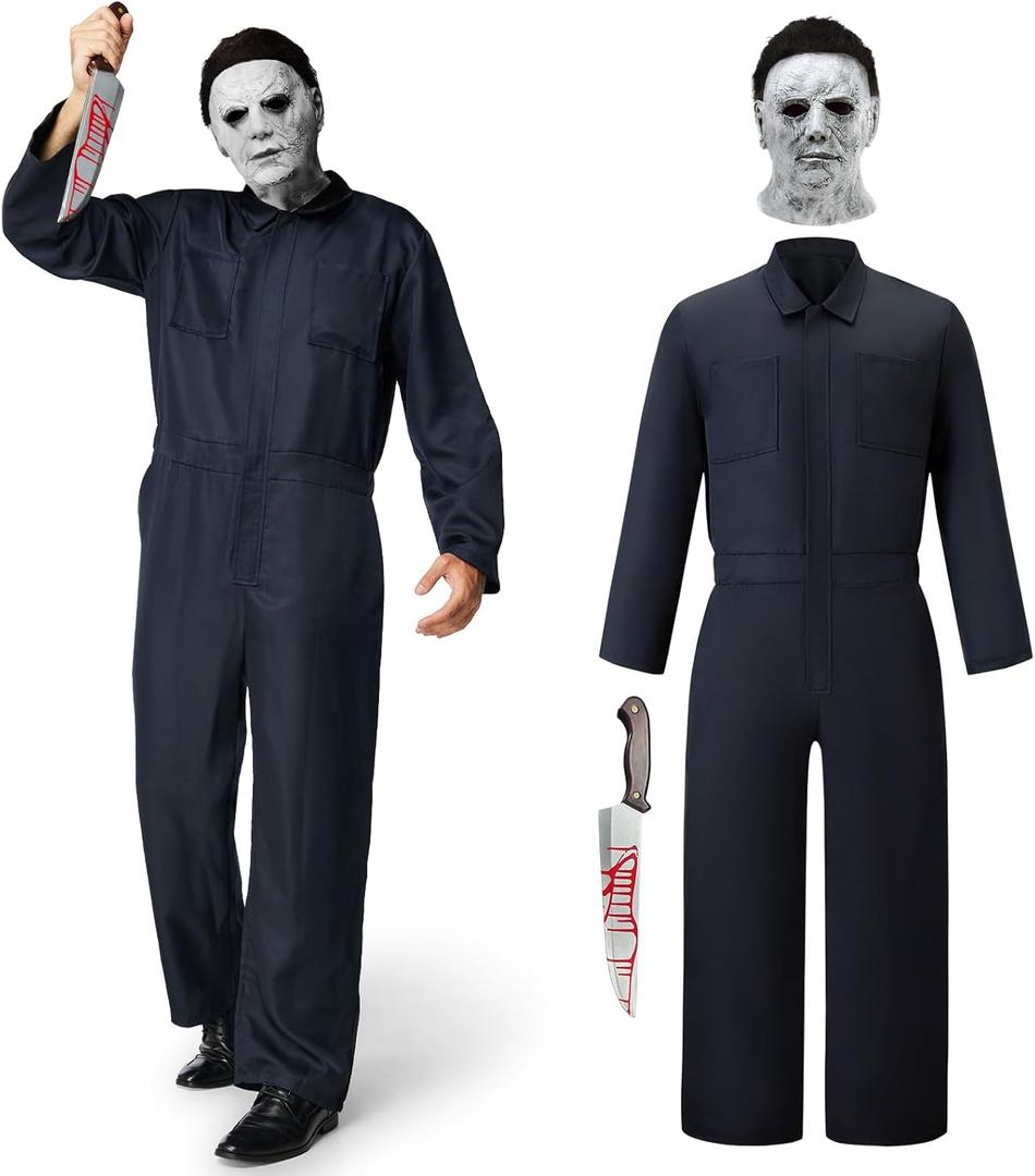 Michael Myers Costume Adult, Halloween Horror Jumpsuit Men Navy Blue Coveralls with Killer Mask and Toy Knife (Large)
