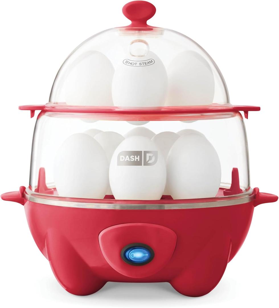 DASH Deluxe Rapid Egg Cooker for Hard Boiled, Poached, Scrambled Eggs, Omelets, Steamed Vegetables, Dumplings & More, 12 capacity, with Auto Shut Off Feature - Red 