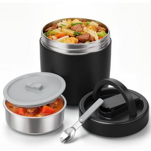 Pawtong 40.5oz Thermo for Hot Food Adults, Soup Thermo Lunch Containers with Wide Mouth & Spoon, Stainless Steel Vacuum Insulated Food Jar, Food Thermos with Handle(Black)