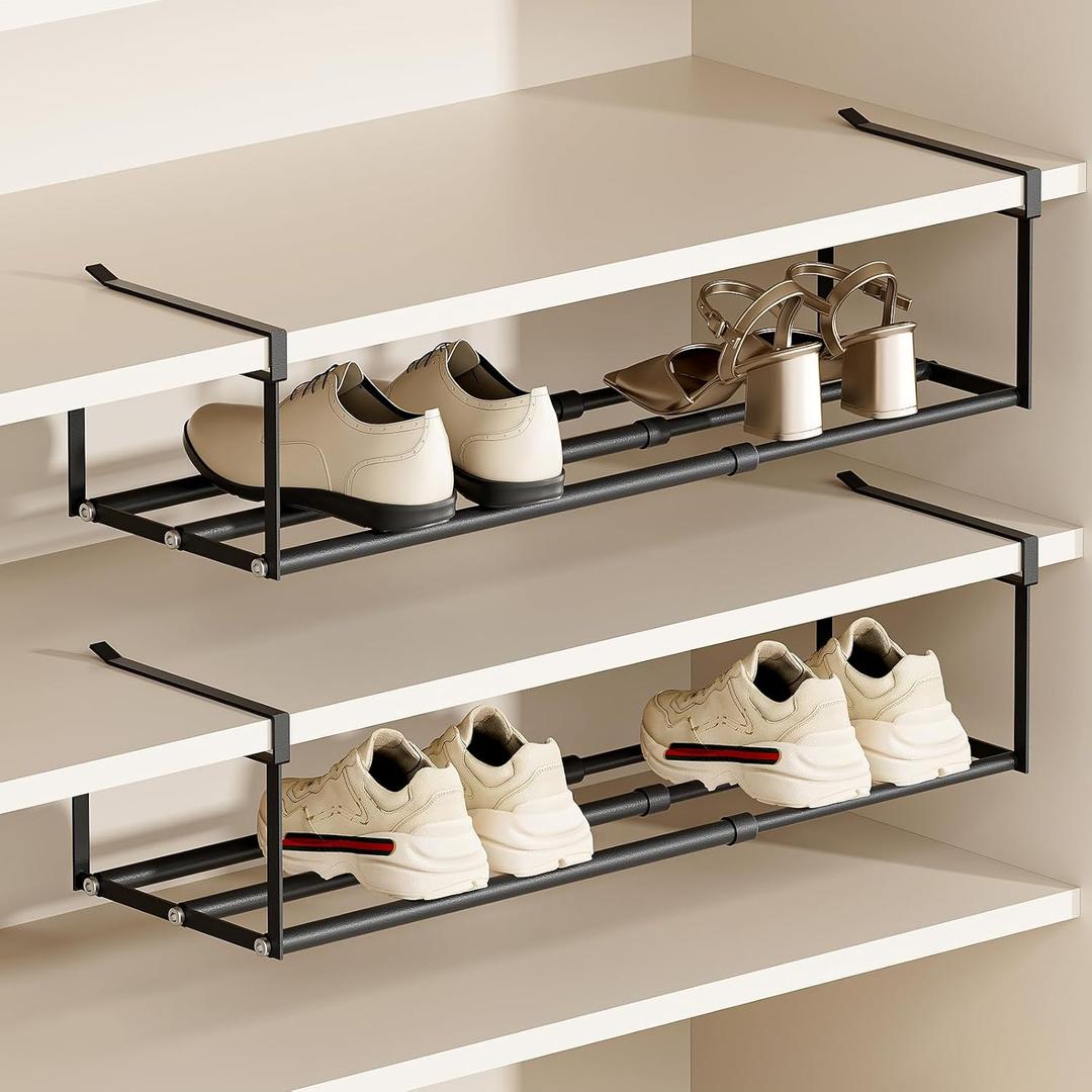 Expandable Hanging Shoe Rack Organizer for Closet, Adjustable Shoe Rack Under Cabinet Shelf, Versatile Under Shelf Storage for Kitchen, Book, Clothing Storage and Organization(Black,2PCS)