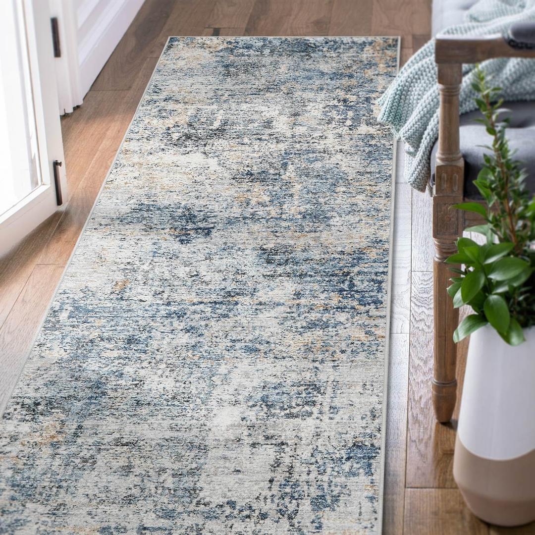 jinchan Runner Rug 2x6 Washable Modern Rug Abstract Hallway Runner Blue Multi Print Overdyed Indoor Mat Contemporary Lightweight Non-Slip Thin Carpet for Kitchen Laundry Bedroom Living Room