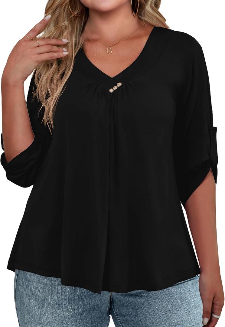 FOLUNSI Womens Plus Size 3/4 Roll Sleeve Blouses V Neck Casual Tunic Tops (Black, L)