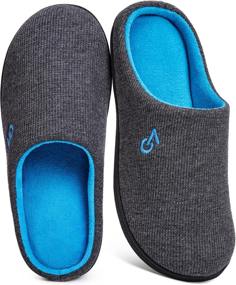 VeraCosy Men's Two-Tone Memory Foam House Slippers Indoor Outdoor Durable Rubber Sole (9-10, Dark Gray/Blue)