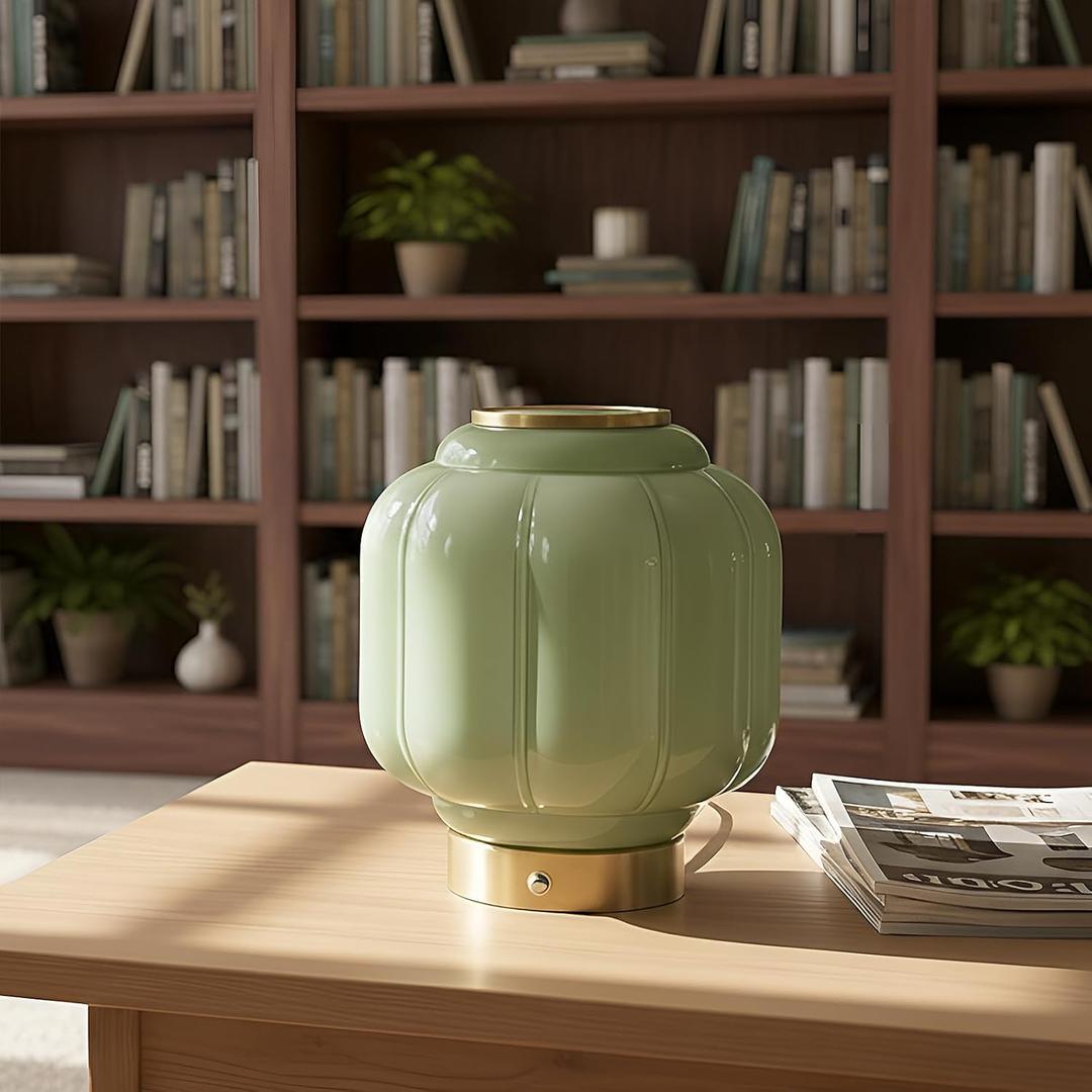 Vintage Green Mushroom Table Lamp, Cordless Rechargeable Touch Dimmable Lamp, Brass Base with Jadeite Glass Shade for Living Room, Bedroom, Nightstand