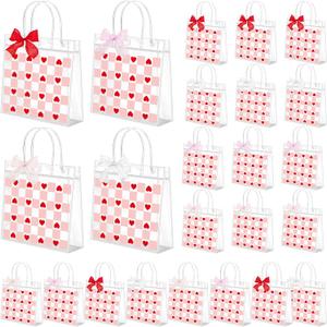Tinlade 24 Pcs Clear Gift Bag with Handles Bows PVC Plastic Treat Goodie Party Favors Bags for Birthday Holiday Gift, 7.9 x 7.9 x 3.1 Inch(Plaid,Pink and Red)