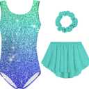Idgreatim Girls Gymnastic Leotard Ballet Dance Dress Outfit with Removable Skirt Hair Scrunchie Combo 4-11 Years (5-6 Years, Greem Blue)