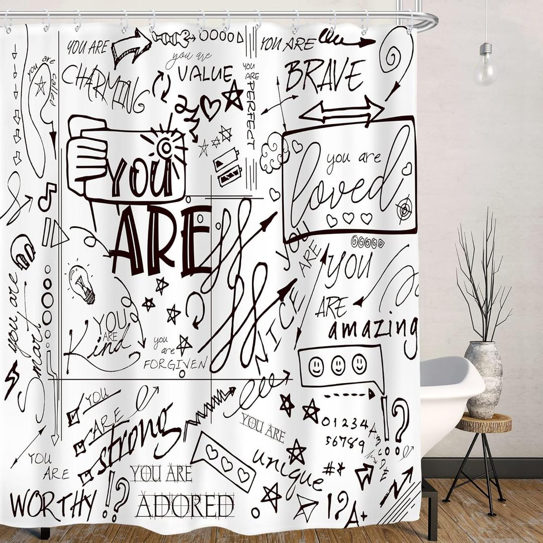 AMBZEK Teen Shower Curtain for Kids Funny Quotes 60Wx72L Inch Boys Girls Black White Shower Curtain Set for Bathroom Inspirational You are Neutral Abstract Accessories Fabric Bath Decor,12 Pack Hooks
