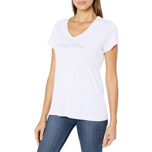 Nautica Women's Easy Comfort V-Neck Striped Supersoft Stretch Cotton T-Shirt Shirt, Lavendula, Large White