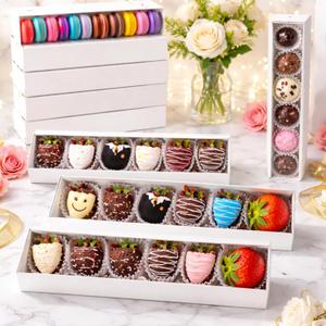 Gisafai 100 PCS Long Chocolate Covered Strawberry Boxes for 12 Macaron 12x2.36x1.97 inches with Clear Window for Bakery Display Boxes Party Favors Wedding Christmas Valentine's Mothers Day Gifts Box, 12.01 x 2.36 x 1.97 inches