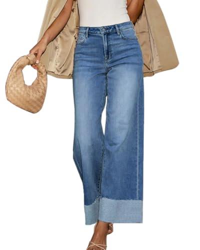 Jyutia High Waisted Wide Leg Cuffed Jeans for Women Stretch Frayed Raw Hem Straight Leg Boyfriend Jeans Trendy 2026 Blue, Size M