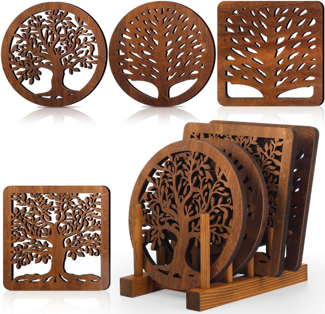 Beeveer 5 Pcs Life Tree Wooden Trivets with Storage Rack Hot Pads Trivets for Hot Dishes Pots and Pans Heat Resistant Mat Set Tea Pot Holders for Kitchen Dining Table(Dark Wood)