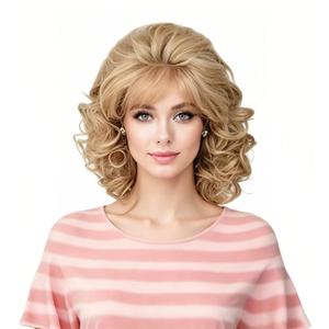 Rugelyss Vintage Short Blonde Beehive Wig with Bangs Curly Wavy Heat Resistant Synthetic Hair Wigs for Women fits 70s 80s Costume or Halloween and Party