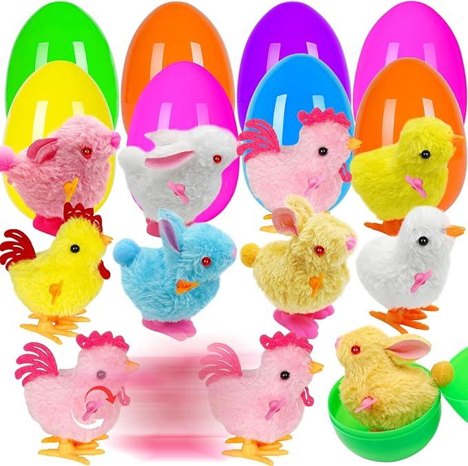 Jumbo 4" Easter Eggs Filled with Windup Toys, 8 Pack Colorful Easter Egg Wind Up Jumping Bunnies and Chicks Hunt Filling Treats Easter Basket Stuffers Easter Party Favors for Kids Boys Girls