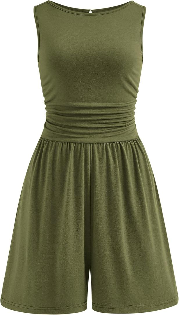 PRETTYGARDEN Summer Rompers for Women 2026 Dressy Casual Sleeveless Short Wide Leg Jumpsuits Beach Vacation One Piece Outfits (X-Small, Army Green)