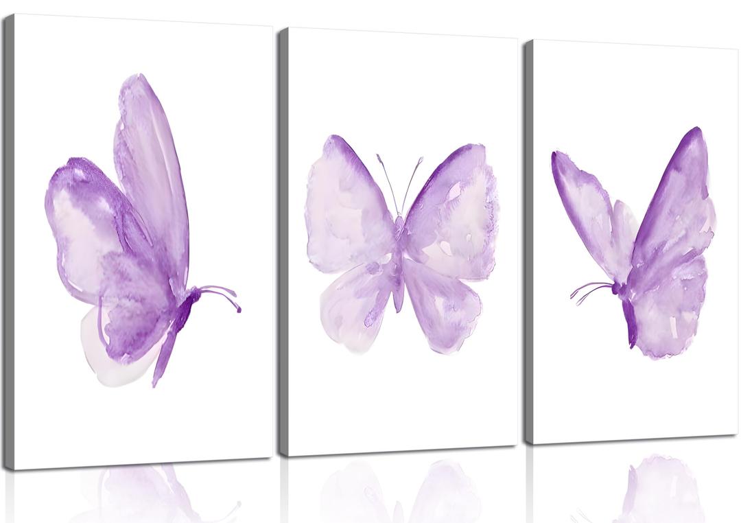 3Pcs Butterfly Canvas Wall Art Purple Butterfly Posters Pictures Minimalist Cute Animal Paintings Aesthetic Preppy Room Prints for Girls Bedroom Nursery Home Wall Decor Gift Framed