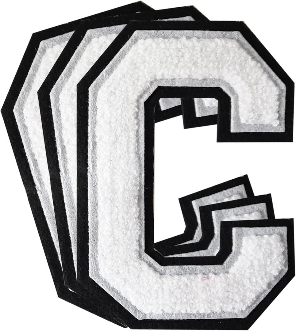 3Pcs Chenille Letter Patches Iron on Patches Varsity Letter Patches Chenille Embroidered Patch Sew On Patches for Clothing Hat Bags Jackets Shirt (White, C)