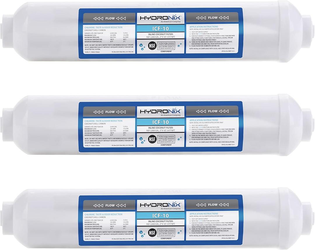 Hydronix ICF-10 Inline Post Activated Carbon Water Filter Replacement Cartridge with 1/4-Inch NPT for Refrigerator, Ice Maker, RO Reverse Osmosis System, 2000 Gallons - 1 Year Capacity (3 Pack)