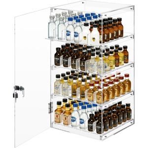 Cinnvoice 12"x12"x24" Acrylic Display Case with Lock for 50ml Mini Liquor Bottles Retail Commercial Countertop Rack Adjustable Dividers for Mini Bottles Alcohol