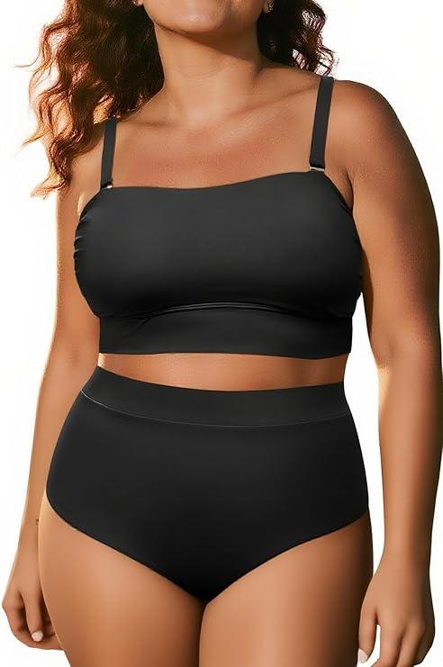 Tempt Me Women Plus Size High Waisted Bikini Bandeau Two Piece Swimsuit 14W (Black)