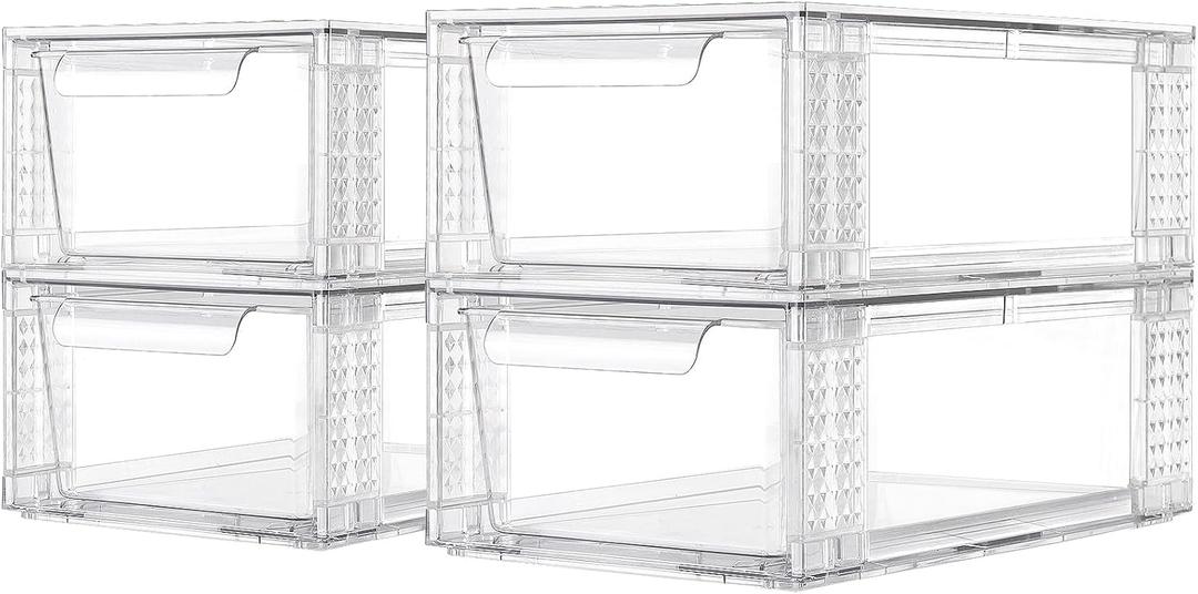 4 Pack Clear Stackable Storage Drawers, 3.95" H Easily Assemble Acrylic Organizer Bins - Multi-Use for Make up, Closet, Pantry, Bathroom, Medicine, Kitchen Cabinet & Undersink Organization