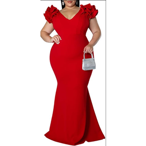 Women's Plus Size Maxi Dress Elegant V-Neck Ruffle Sleeves Bodycon Mermaid Evening Gown Formal Outfit Size 2XL