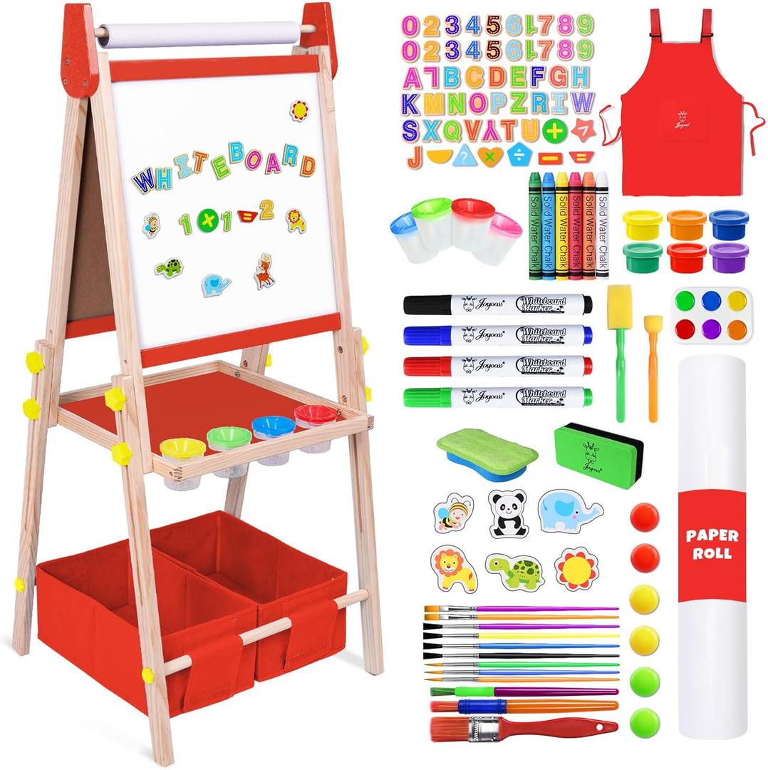 Joyooss Art Easel for Kids Easel for Toddlers,Adjustable Standing Wooden Toddler Easels Magnetic Double Sided Drawing Whiteboard & Chalkboard,Art Easels for Kids Age 2-4 4-8 Gift Red