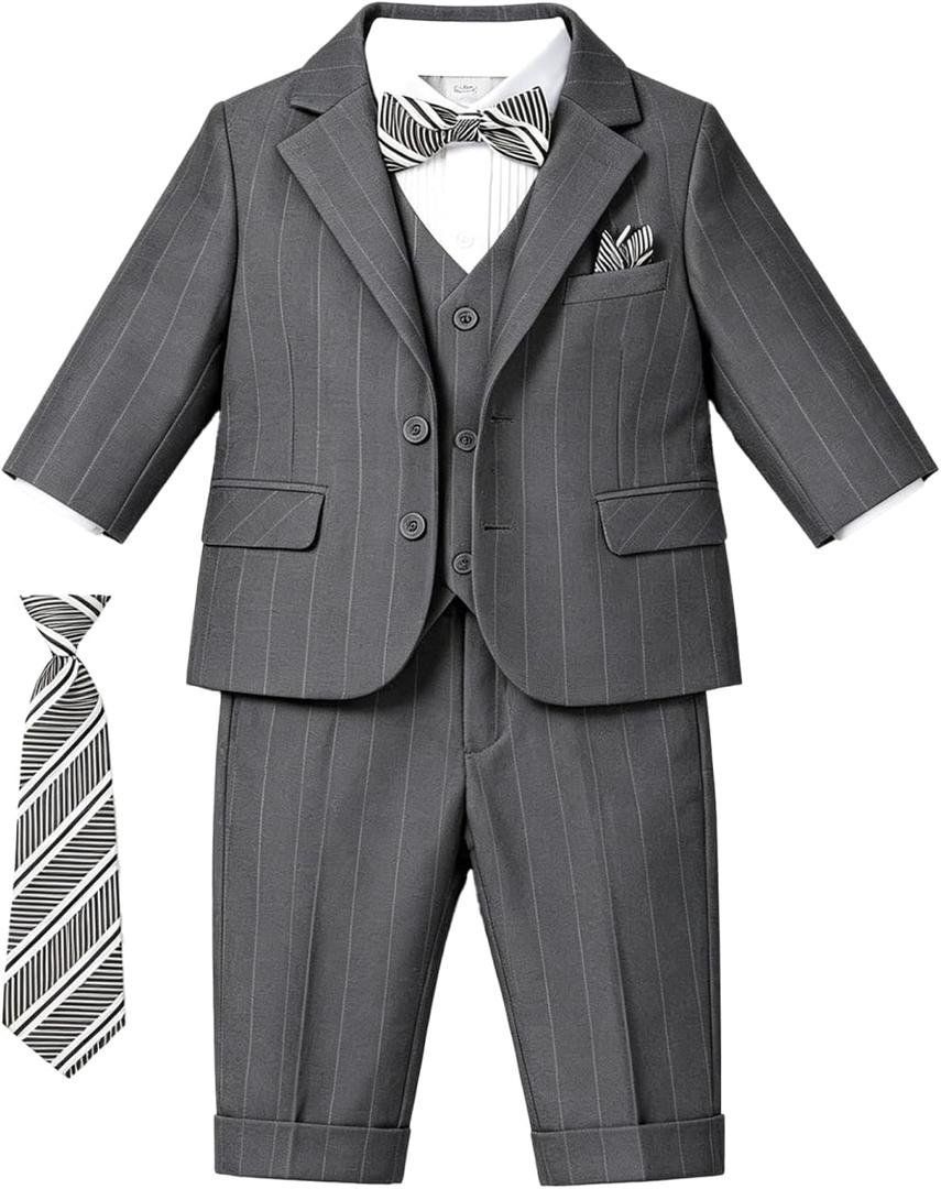Baby Boy Suits Formal Stripe Gentleman Tuxedo Suit Set Complete Dress Clothes Toddler Wedding Ring Bearer Outfit (Gray), Size 4