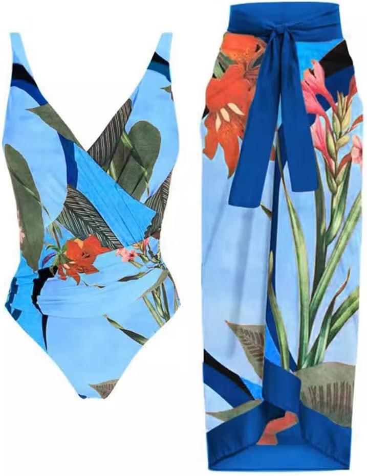 IMEKIS Women 2 Pieces Beach Swimsuit Floral Print Tropical Bikini Swimsuit with Cover up Wrap Skirt Bathing Suits (Small, Black + White)