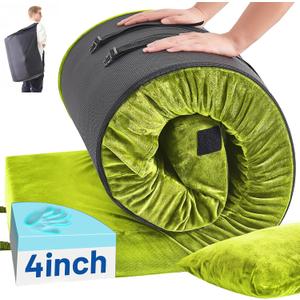 Memory Foam Camping Mattress Pad with Pillow - Extra Thick 4 Inch Sleeping Pad for Camping, Waterproof Roll Up Cot Mattress Topper Bed Mat for Car Truck Tent RV, with Storage Bag