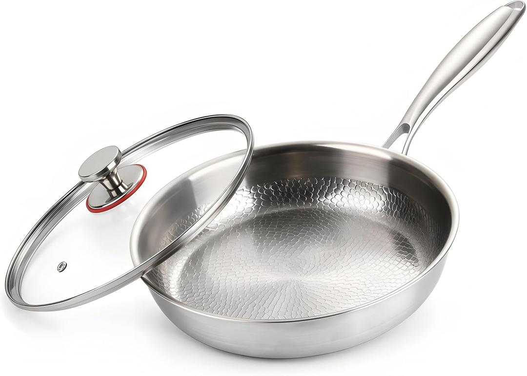 Titanium Frying Pan With Lid, 10/12 Inch Pure Titanium Cookware Skillet, Coating-Free Does Not Contain PFAS/PFOA Frying Pan, Induction Compatible, Scratch Resistant Everyday Pan (10.23in)