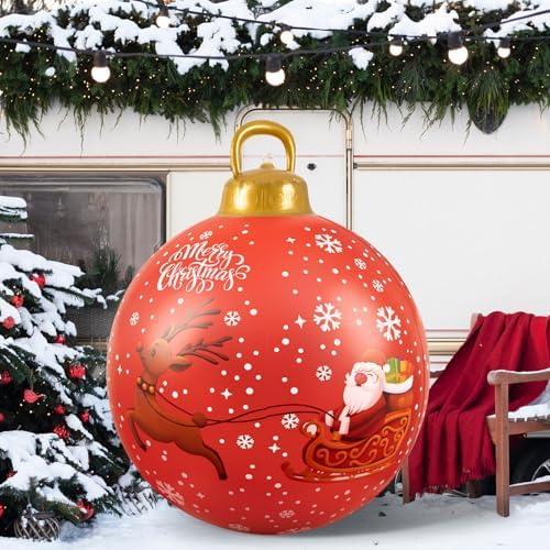 23.6 Inch Giant Inflatable Christmas Ball Santa Claus Elk Inflatable Decorations PVC Inflatable Ornaments for Christmas Tree Yard Lawn Porch Winter Holiday Merry Christmas Outdoor Decor