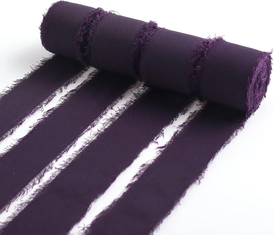 Ewaymado 4 Rolls Purple Handmade Fringe Chiffon Silk Ribbon 1" x 5Yd Per Roll, Frayed Edges Ribbon for Gifts Wrapping, Wedding Decoration, Bridal Bouquets(1" X20 Yd Purple)