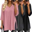 3 Pack Women's 3/4 Sleeve Oversized T-Shirts V Neck Comfy Casual Tunic Tops Knit Side Basic Split Loose Fit Tees (L)