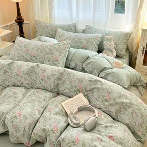 Jolusere Comforter Set Queen 3 Piecess Green Pink Floral Bedding Set for Girls Kids Colorful Botanical Flower Bedding Soft Breathable Microfiber Sage Green Comforter with 2 Pillowcases