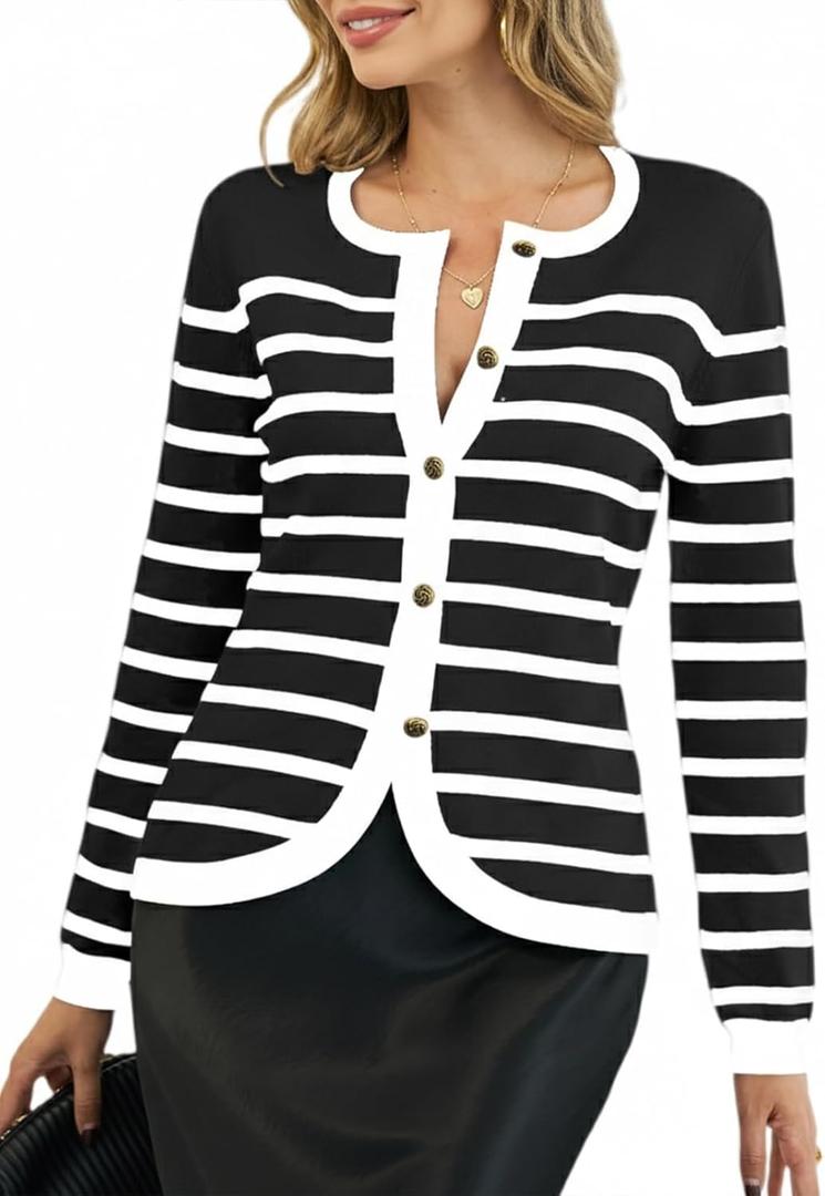 CiCiBird Women Striped Cardigan Sweaters 2025 Fall Button Knit Jacket Trendy Casual Long Sleeve Coat (L)