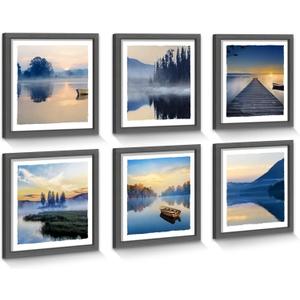 Framed Lake Scenery Wall Art: Calming Forest Fog Print Pictures Relaxing Nature Landscape Painting Contemporary Frames Mountain Tree Artwork 6 Pieces Sunset Picture for Bedroom Living Room
