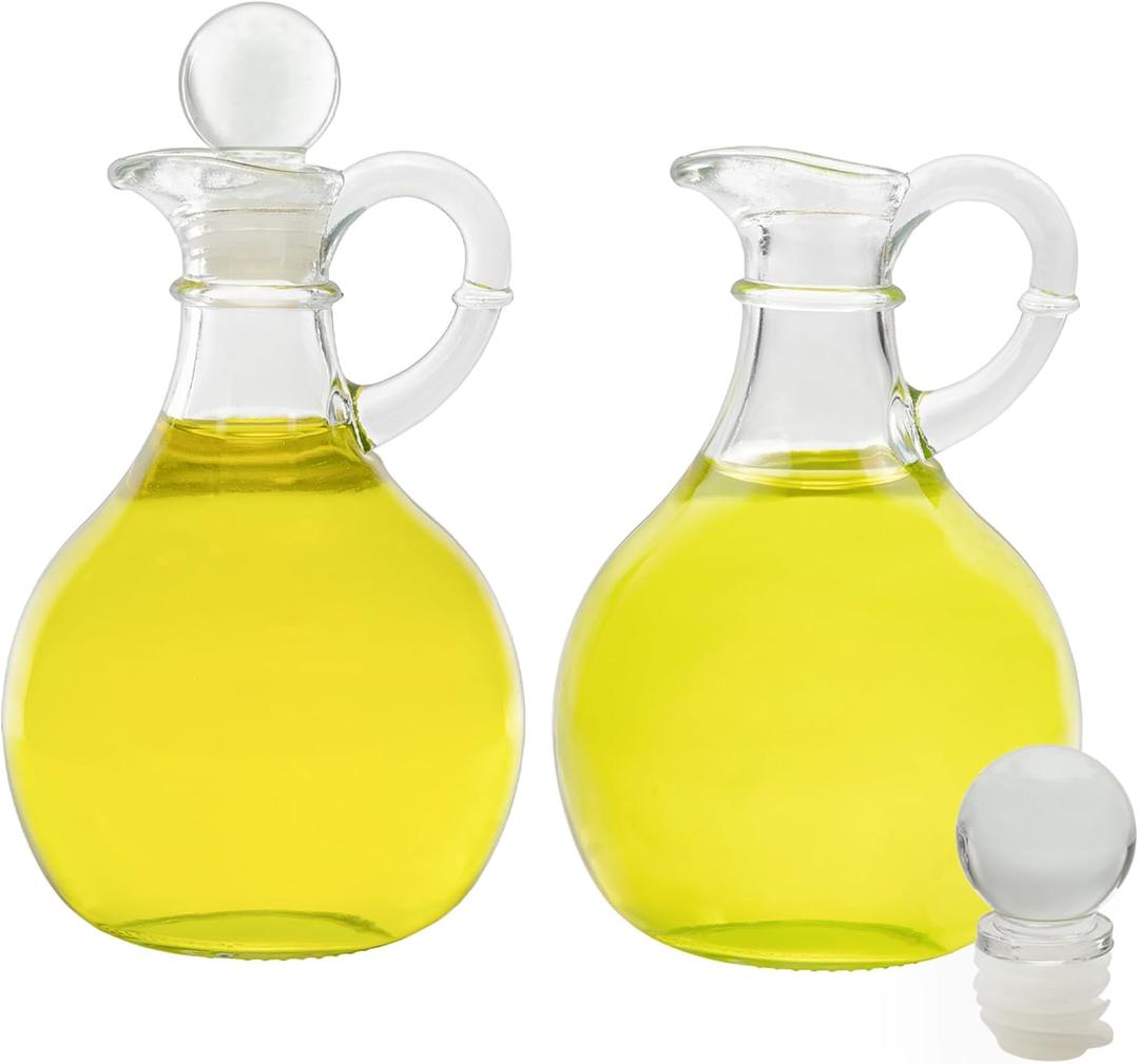 Cornucopia Brands Glass Oil and Vinegar Cruets (Set of 2); 8oz Round Oil Dispensers / Salad Dressing Bottles with Stoppers