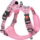 PoyPet No Pull Dog Harness, [Release at Neck] Reflective Adjustable No Choke Pet Vest with Front & Back 2 Leash Attachments, Soft Control Training Handle for Medium Dogs(Checkered Pink,M)