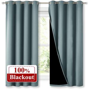 NICETOWN 100% Blackout Curtains with Black Liners, Thermal Insulated Full Blackout 2-Layer Lined Drapes, Energy Efficiency Window Draperies for Bedroom (Greyish Blue, 2 Panels, 52-inch W by 63-inch L)