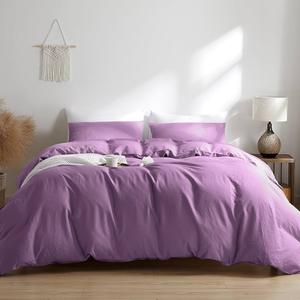 PURPLE  Duvet Cover Set 100% Washed Cotton Linen Feel Super Soft Comfortable Chic Lightweight 3 PCs Home Bedding Set Solid Desert Rose Cal King
