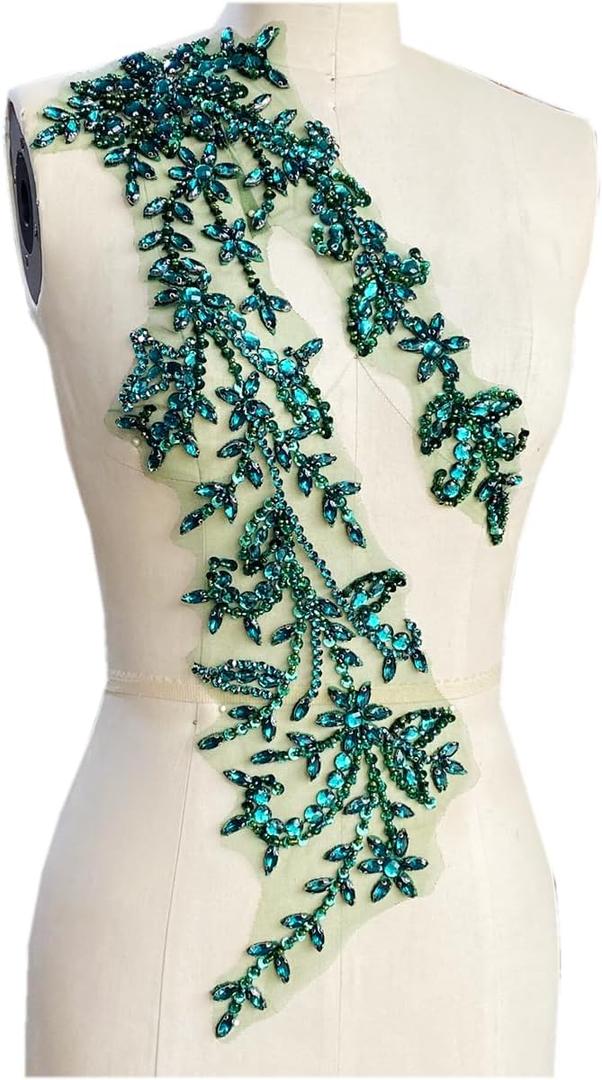 PLune Handmade Shining Acrylic Rhinestones on lace Applique Sewing Beads Stones Trim Patches Accessories for Wedding Dress (Deepgreen Right)