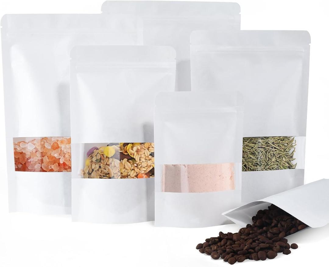 FireKylin 100 Pcs White Paper Bags with Window, 3.9/inch x 5.9/inch Stand Up Pouches Bag, Zipper Food Storage Bags for Packaging Products, Reusable, Sealable