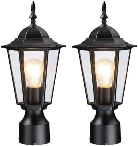 Outdoor Post Lights 2 Pack, Black Lamp Post Light Fixture, Waterproof Pillar Lights Outdoor Column Lights, Outdoor Pole Light with Clear Glass, Outside Lamp Post for Garden Yard, Not Included Base